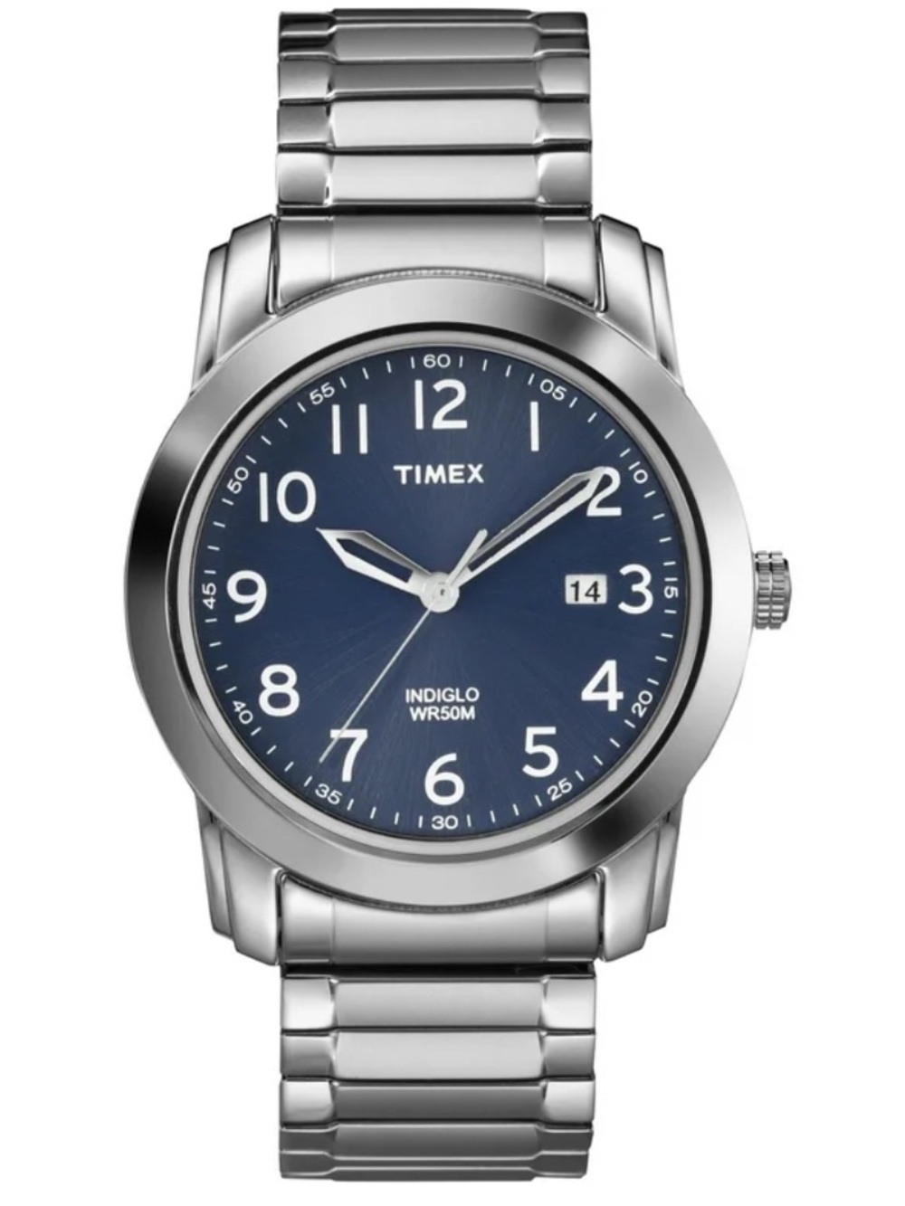 Timex Highland Street men's watch silver stainless stretch band w/navy dial